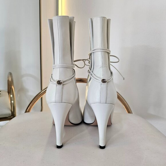 GUCCI Indya GG Pleated Accent Ankle Booties EU 40 US 9.5 White Leather Heel Boot - Picture 4 of 11